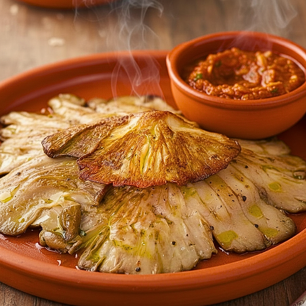Setas a la brasa con salsa Romesco